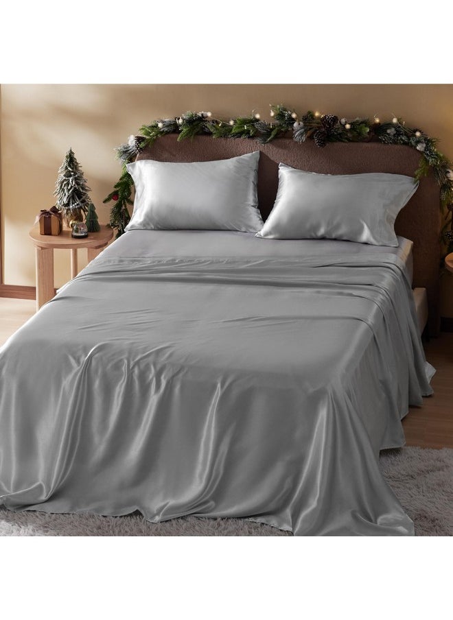 Bedsure Satin Sheets - King Sheet Set, 4 Pcs King Bed Sheets, Similar to Silk Sheets, Bed Sheets King Size for Hair and Skin, Gifts for Women (Silver Grey, King)