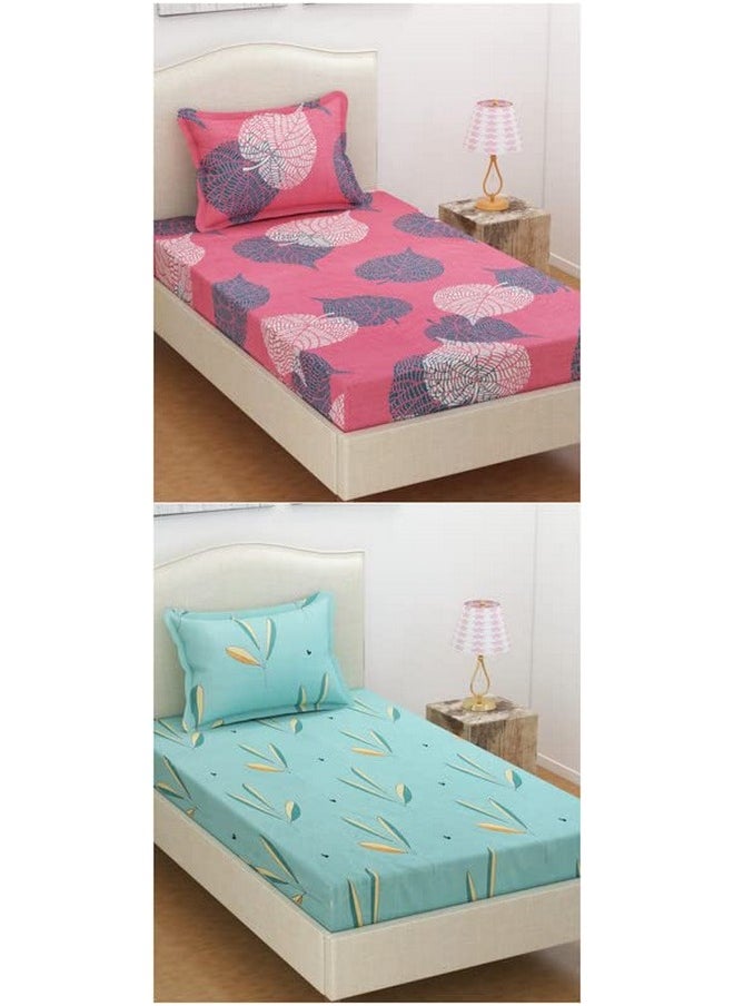 BSB HOME® Prime Collection Combo Pack of 2 Single Bedsheets with 2 Pillow Covers | 180 TC Soft Brushed Glace Cotton -Breathable & Wrinkle Free (58 x 88 inches, Coat Bed)- Multicolor Pink & Aqua