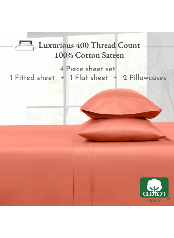 California Design Den Queen Size 100 Percent Cotton Sheet Set, 400 Thread Count Sateen Sheets for Queen Size Bed, Soft & Breathable, Cooling Deep Pocket Sheets (Bright Salmon)