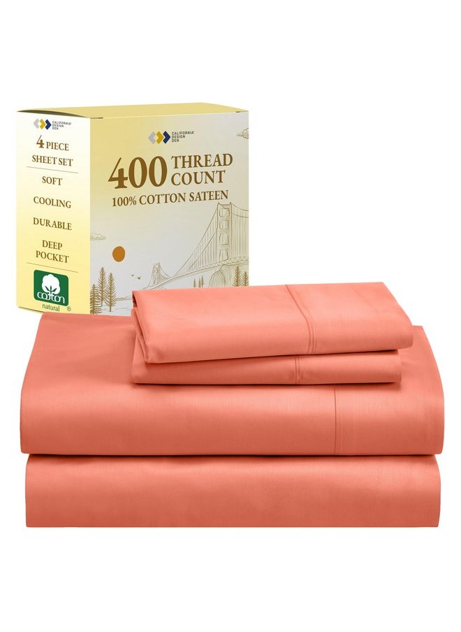 California Design Den Queen Size 100 Percent Cotton Sheet Set, 400 Thread Count Sateen Sheets for Queen Size Bed, Soft & Breathable, Cooling Deep Pocket Sheets (Bright Salmon)