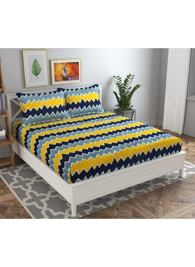 BSB HOME 120 TC Double Printed Bedsheet with 2 Pillow Covers | 110 GSM Soft Brushed Microfiber - Breathable & Wrinkle Free - (86 X 88 Inch, Yellow & Grey & Blue)