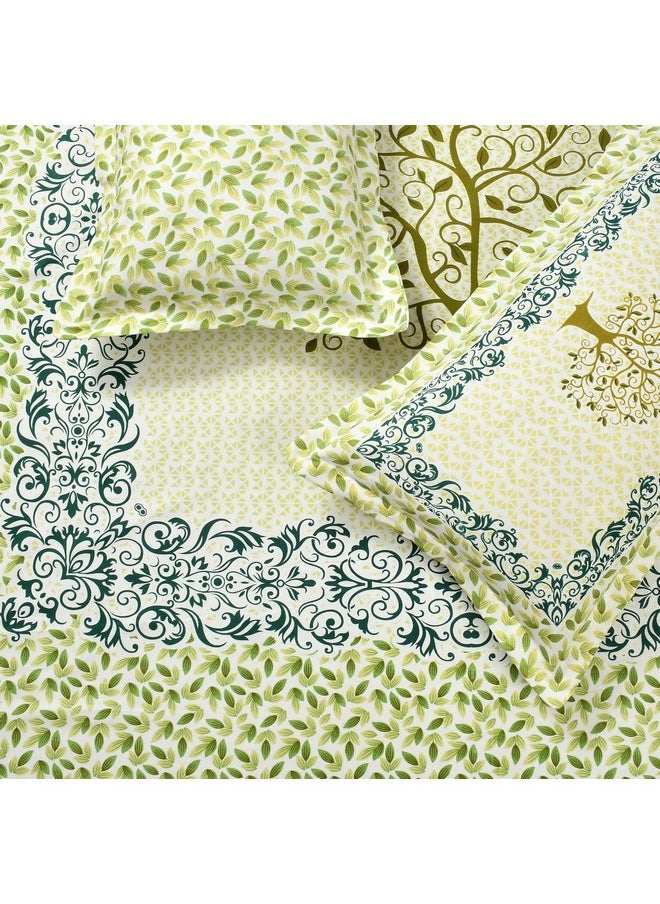 BSB HOME Hand Block Jaipuri Printed 220 TC Cotton Double Bed Bedsheet Handmade Long Lasting Color Fade Resistant Luxurious Flat Sheet (90 x 100 Inches, 230 x 254 Cm, Floral- Green & White)