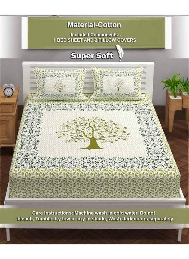 BSB HOME Hand Block Jaipuri Printed 220 TC Cotton Double Bed Bedsheet Handmade Long Lasting Color Fade Resistant Luxurious Flat Sheet (90 x 100 Inches, 230 x 254 Cm, Floral- Green & White)