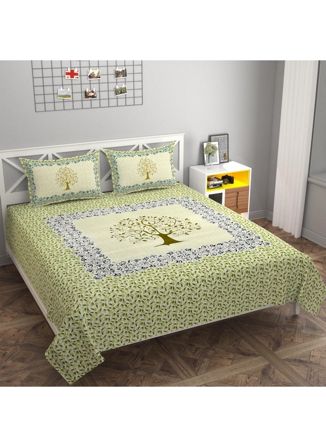 BSB HOME Hand Block Jaipuri Printed 220 TC Cotton Double Bed Bedsheet Handmade Long Lasting Color Fade Resistant Luxurious Flat Sheet (90 x 100 Inches, 230 x 254 Cm, Floral- Green & White)