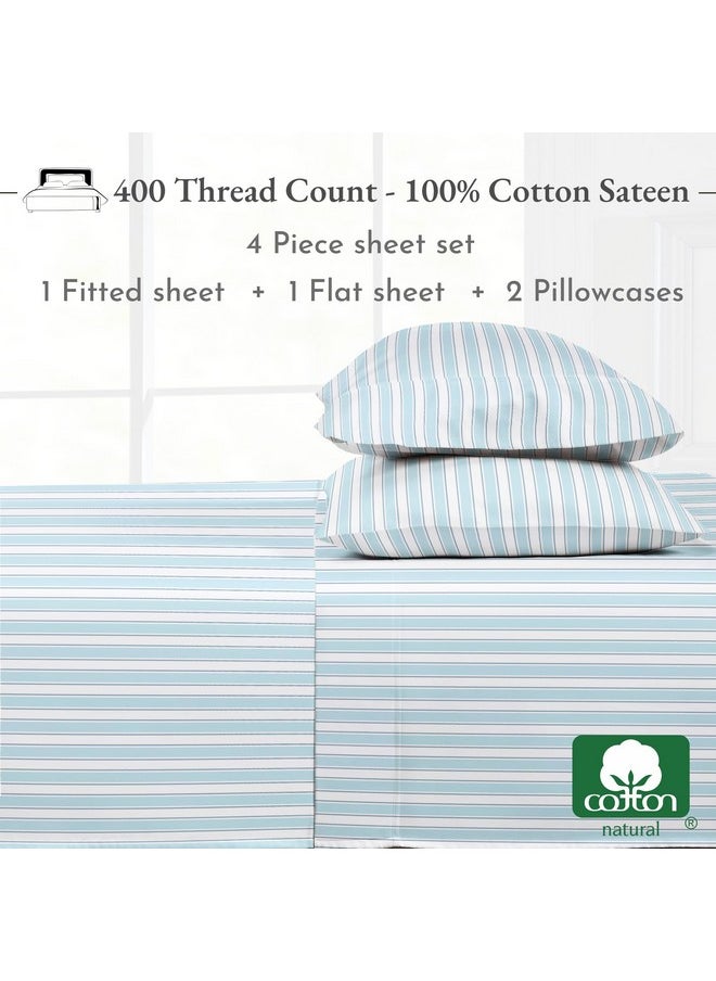 California Design Den Striped Bed Sheets Queen Size - 100% Cotton Sheets Set, Luxury 400 Thread Count Sateen, Deep Pocket Queen Sheets Printed Pattern (Cape Stripe)