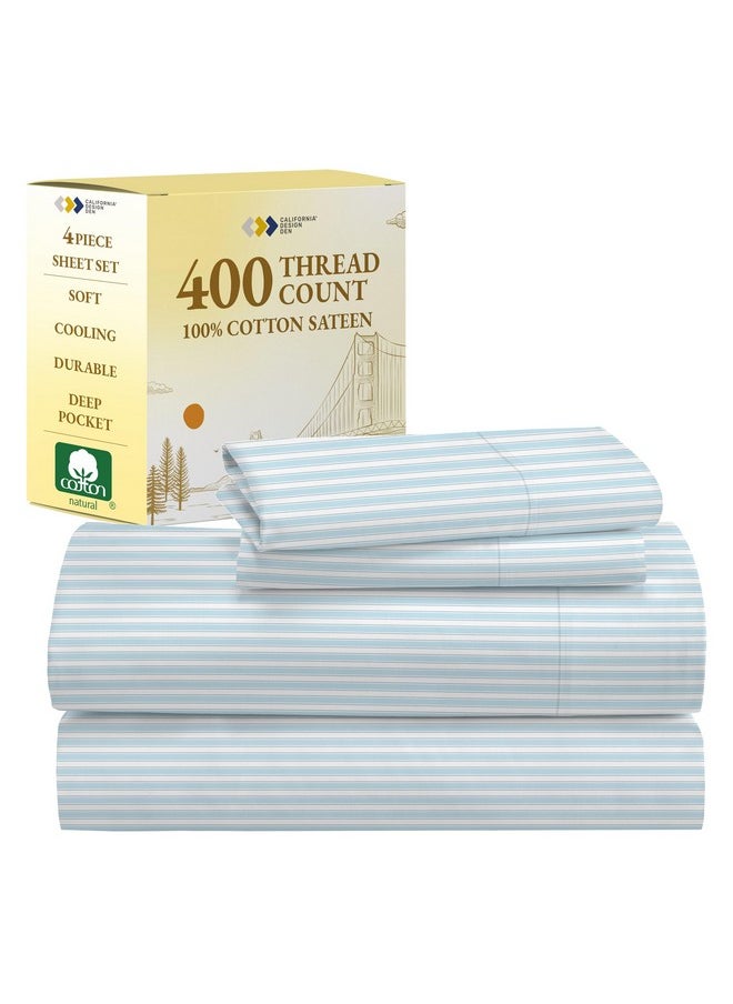 California Design Den Striped Bed Sheets Queen Size - 100% Cotton Sheets Set, Luxury 400 Thread Count Sateen, Deep Pocket Queen Sheets Printed Pattern (Cape Stripe)