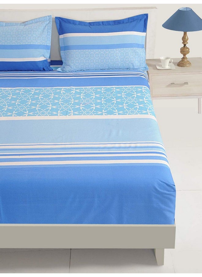 Swayam 144 TC Stripes Print Cotton Extra Large Bed Sheet with 2 Pillow Cover - Blue, White, Super King (11015)