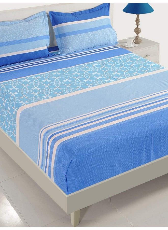 Swayam 144 TC Stripes Print Cotton Extra Large Bed Sheet with 2 Pillow Cover - Blue, White, Super King (11015)