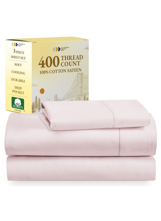 California Design Den Softest 100% Cotton Sheets, Twin Sheets Set, 400 Thread Count Sateen Bedding for Dorm Rooms & Adults, Deep Pocket Sheets, Cooling Sheets, Twin Bed Sheets (Pink)