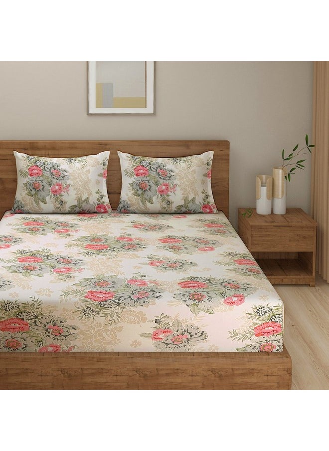 Swayam Zinnia Collection 240 TC Cotton Double Bedsheet (108 X 90 Inches) with 2 Pillow Covers for Double Bed - Beige Pink