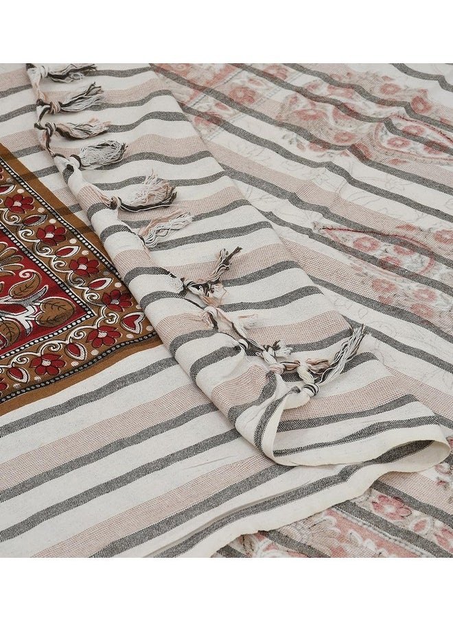 BSB HOME 100% Cotton Handloom Indian Khadi Bedsheet with Traditional Block Print Jaipuri Designs Handmade Woven Striped 90 x 100 inch 210 Threadcount - White and Maroon