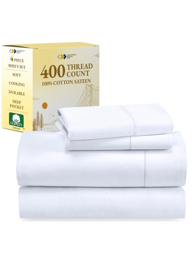 California Design Den Full Size Bed Sheets, 400 Thread Count 100% Cotton Sheets Sateen, Deep Pocket Full Size Sheet Sets, Soft & Breathable Cotton Bed Sheets, Cooling Sheets Full Size Bed Set (White)