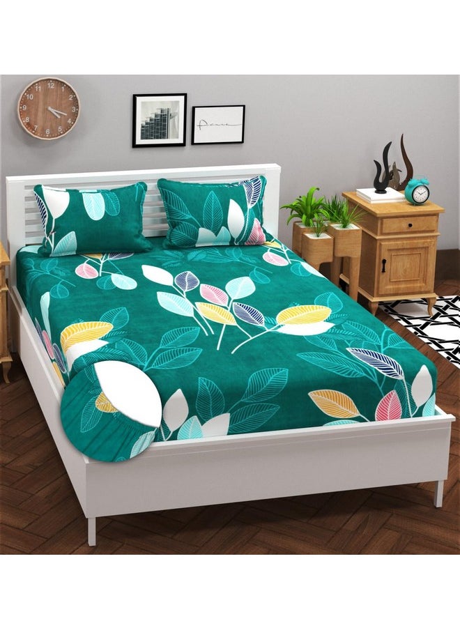 BSB HOME Premium Cotton 210Tc Elastic Fitted Bedsheets with 2 Pillow Covers | Double/Queen Bed with All Around Elastic 220 TC Supersoft Floral Pattren Breathable |Size-78 x72+8 inches |Dark Green