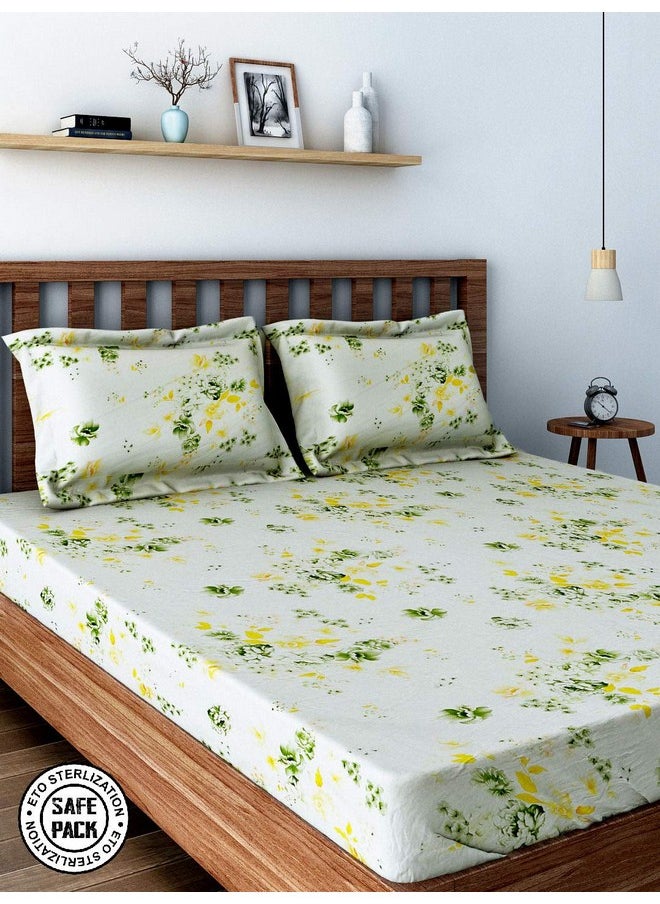 Swayam Veda Collection Premium Cotton 160 TC Floral Print Cotton Double Bed Sheet with 2 Pillow Cover - Off White/Yellow/Green