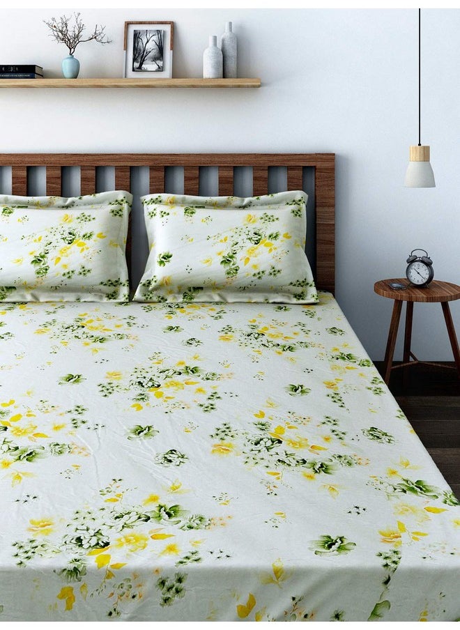 Swayam Veda Collection Premium Cotton 160 TC Floral Print Cotton Double Bed Sheet with 2 Pillow Cover - Off White/Yellow/Green