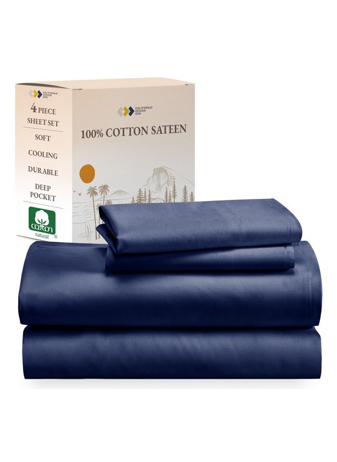 California Design Den Soft 100% Cotton Bedsheets Queen Size Bed, Queen Sheet Set with Sateen Weave, Cooling Sheets - Navy Blue