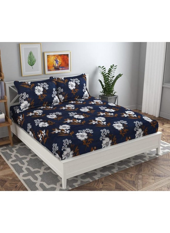 BSB HOME 120 TC Double Abstract Floral Bedsheet with 2 Pillow Covers | 110 GSM Soft Brushed Microfiber - Breathable & Wrinkle Free - (86 X 88 Inch, Dark Blue & Beige & Brown)