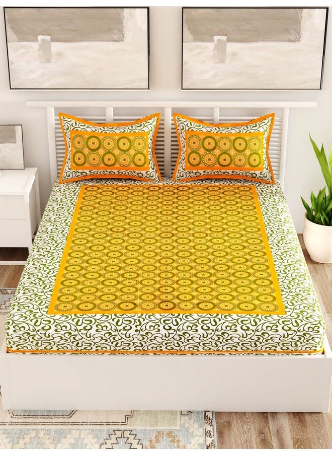 Uniqchoice 144 Tc Cotton Jaipuri Traditional Double Bedsheet with 2 Pillow Covers - King Size, Yellow, 3 Piece