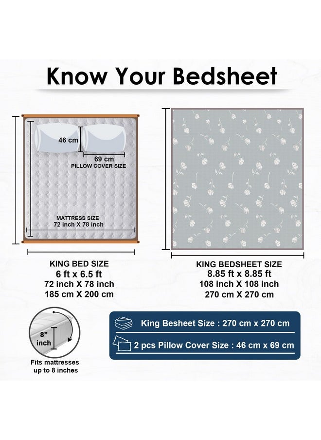 Story@Home Bedsheet for King Size Bed | 186 TC | Grey | Floral | 1 Piece Cotton bedsheet for King Size Bed with 2 Pillow Covers (270 x 270 cm) Perfect for Home Decor & Gifting | Cotton bedsheet