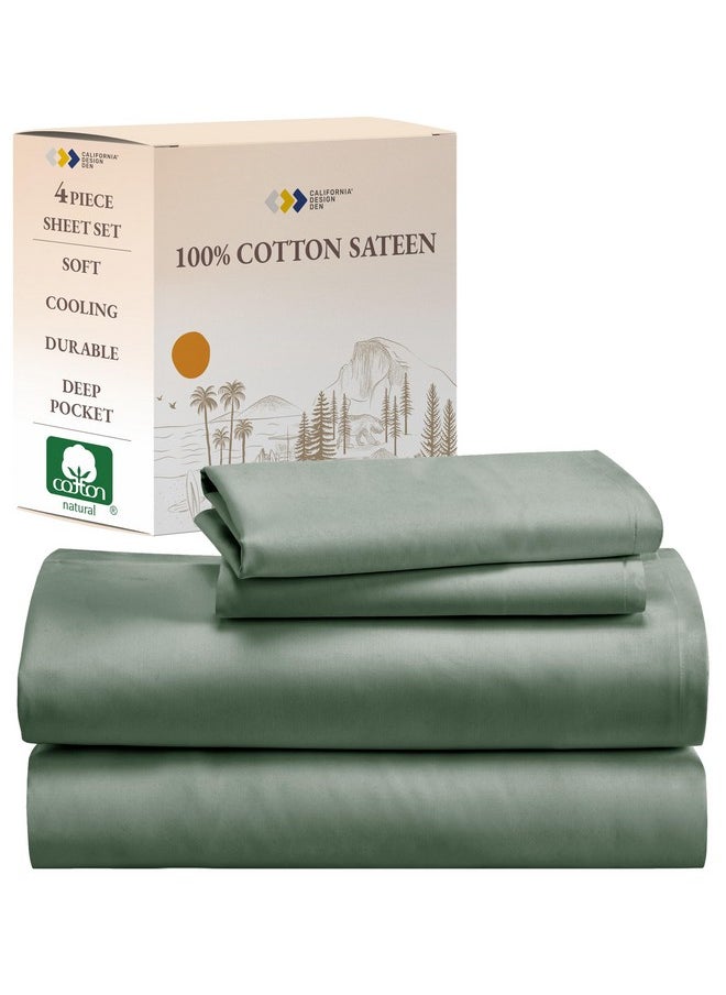 California Design Den Soft Queen 100% Cotton Sheet Set, Queen Sheet Set with Sateen Weave, Cooling Sheets - Sage Green