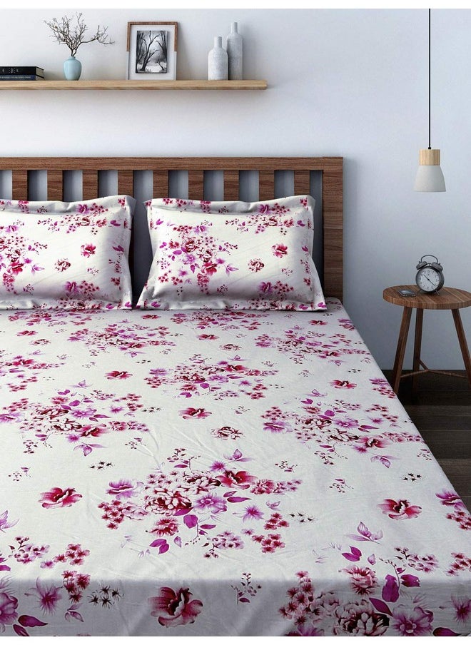 Swayam Veda Collection Premium Cotton 160 TC Floral Print Cotton Double Bed Sheet with 2 Pillow Cover - Off White/Magenta