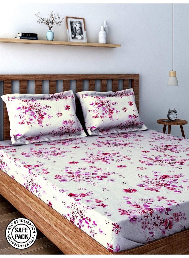 Swayam Veda Collection Premium Cotton 160 TC Floral Print Cotton Double Bed Sheet with 2 Pillow Cover - Off White/Magenta