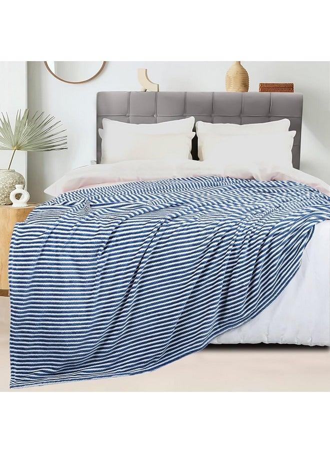 BSB HOME Polyester Premium Jacquard Plush Double Blanket | 300 GSM Lightweight Cozy Soft for Bed, Sofa, Couch, Travel & Camping| 220X230 Cm Or 86X90 Inches|Blue & White| TC - 220