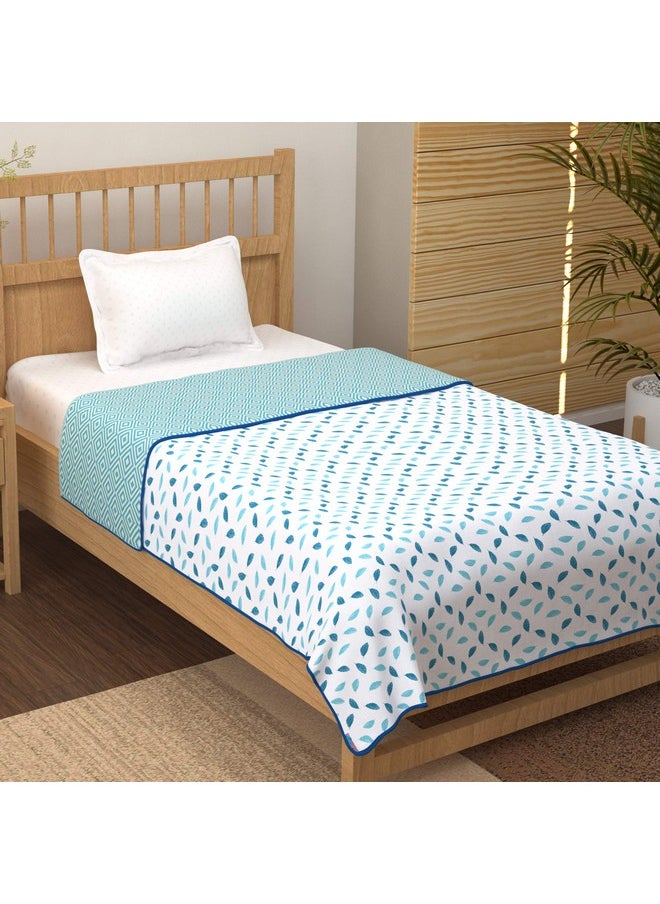 Story@Home Comforter Single Bed | 100% Cotton Blanket Single Bed | 150GSM | 144X 220m | AC Comforter Single Bed | White & Blue Blanket | Leaf Pattern | Quilt | Duvet | Dohar | Perfect Festive Gifting