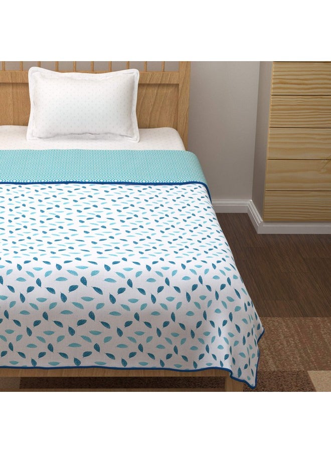 Story@Home Comforter Single Bed | 100% Cotton Blanket Single Bed | 150GSM | 144X 220m | AC Comforter Single Bed | White & Blue Blanket | Leaf Pattern | Quilt | Duvet | Dohar | Perfect Festive Gifting