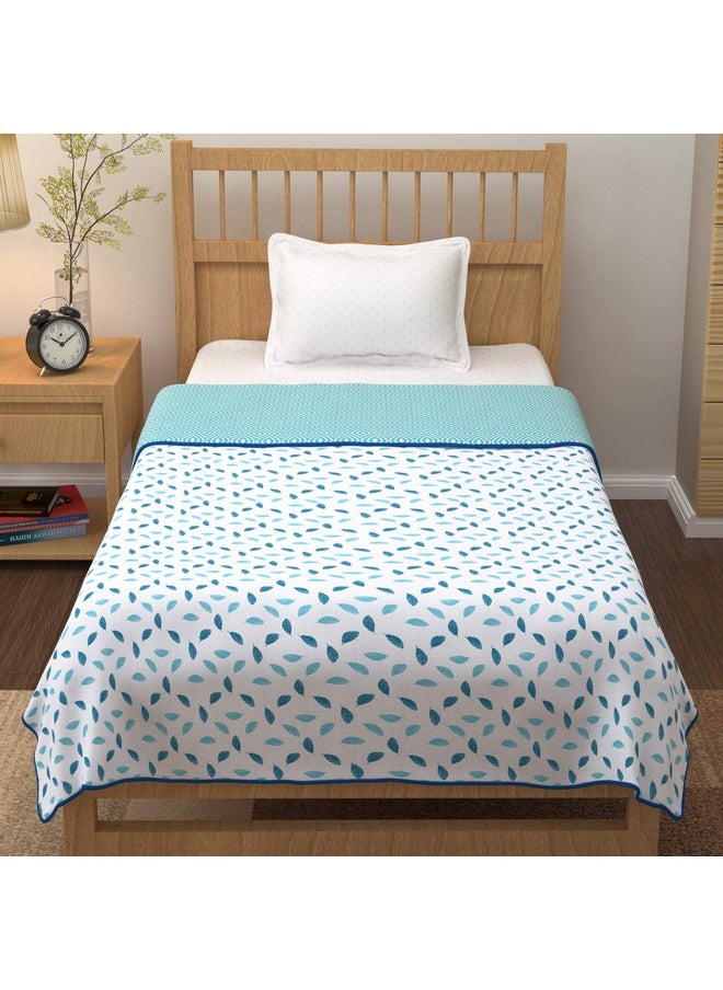 Story@Home Comforter Single Bed | 100% Cotton Blanket Single Bed | 150GSM | 144X 220m | AC Comforter Single Bed | White & Blue Blanket | Leaf Pattern | Quilt | Duvet | Dohar | Perfect Festive Gifting