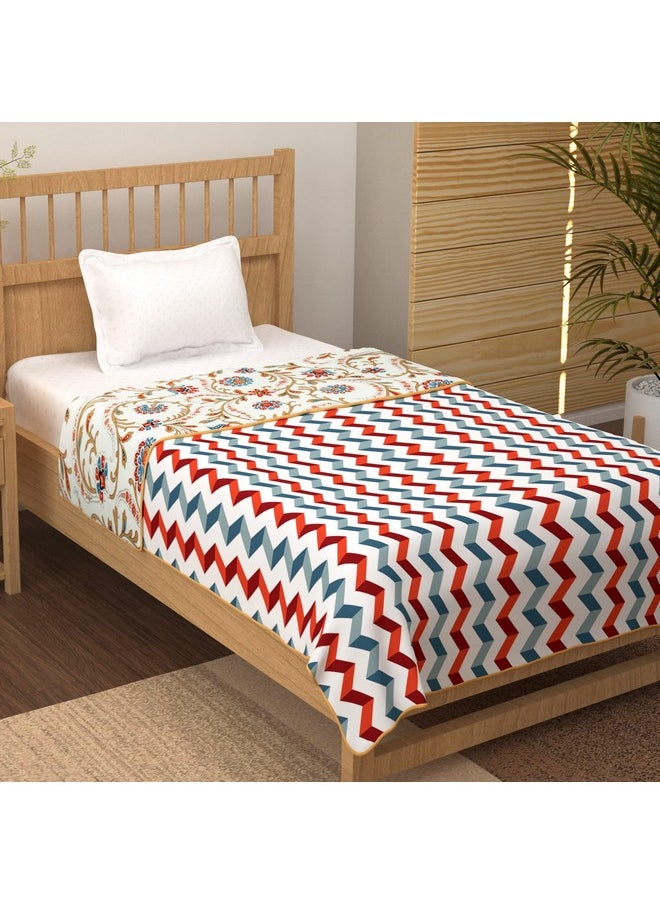 Story@Home Comforter Single Bed | 100% Cotton Blanket | 150GSM | 144X 220cm | AC Comforter Single Bed | White & Beige Single Quilt | Floral & Chevron Pattern | Dohar | Duvet | Perfect Festive Gifting| TC - 150