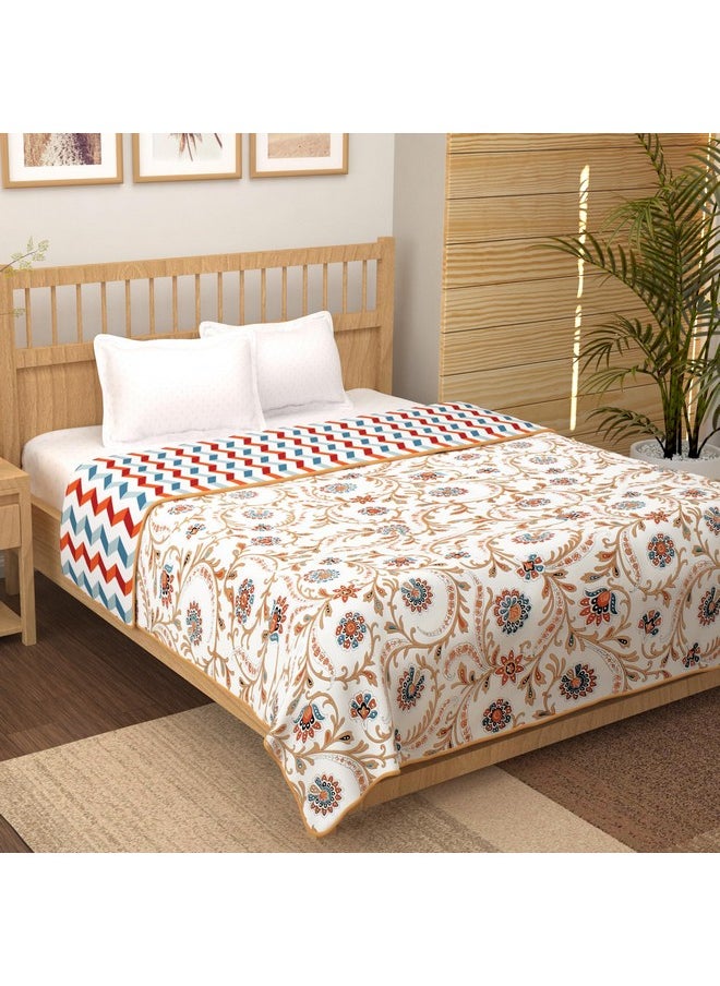 Story@Home Comforter Double Bed | 100% Cotton Blanket | 150GSM | 225X 240 cm | AC Comforter Double Bed | White & Beige | Floral & Chevron Pattern | Quilt | Duvet | Dohar | Perfect Festive Gifting