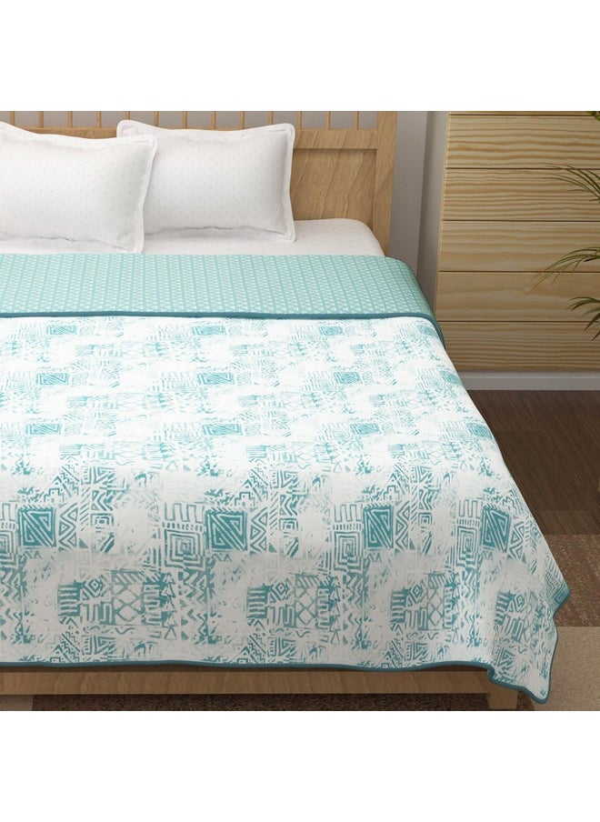 Story@Home Comforter Double Bed | 100% Cotton Blanket Double Bed | 150GSM | 225X 240 cm | AC Comforter Double Bed | White & Blue | Aztec Pattern | Quilt | Duvet | Dohar | Perfect Festive Gifting