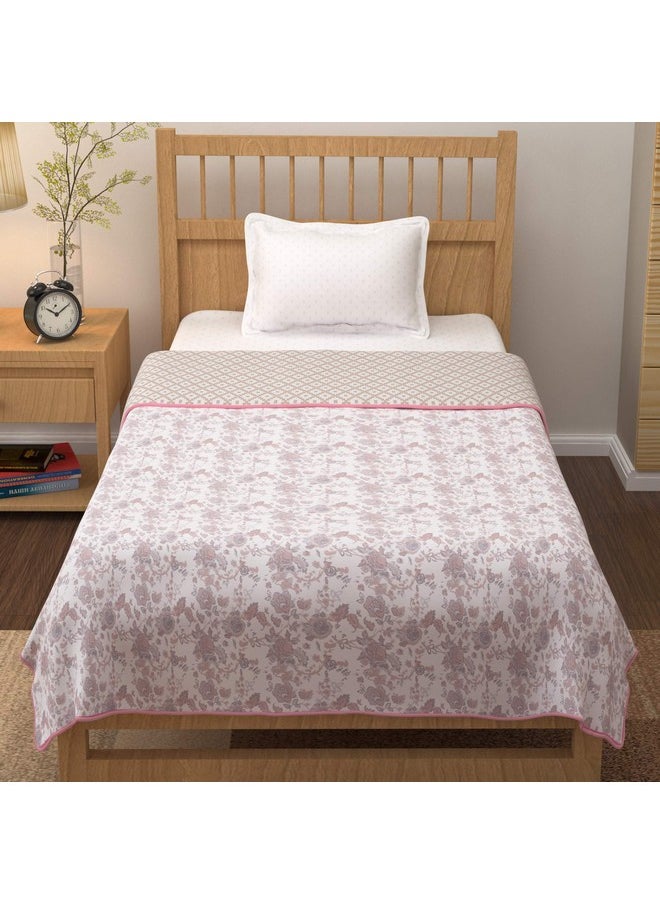 Story@Home Comforter Single Bed | 100% Cotton Blanket Single bed | 150GSM | 144X 220 cm | AC Comforter Single Bed | Baby Pink & White | Floral Pattern | Quilt | Duvet | Dohar | Perfect Festive Gifting