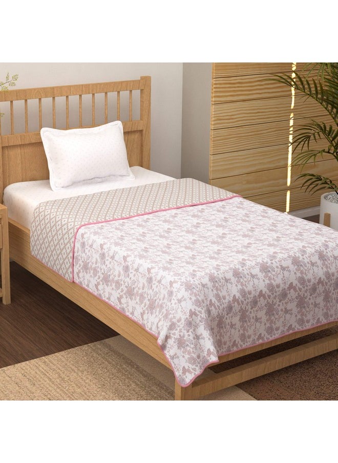 Story@Home Comforter Single Bed | 100% Cotton Blanket Single bed | 150GSM | 144X 220 cm | AC Comforter Single Bed | Baby Pink & White | Floral Pattern | Quilt | Duvet | Dohar | Perfect Festive Gifting