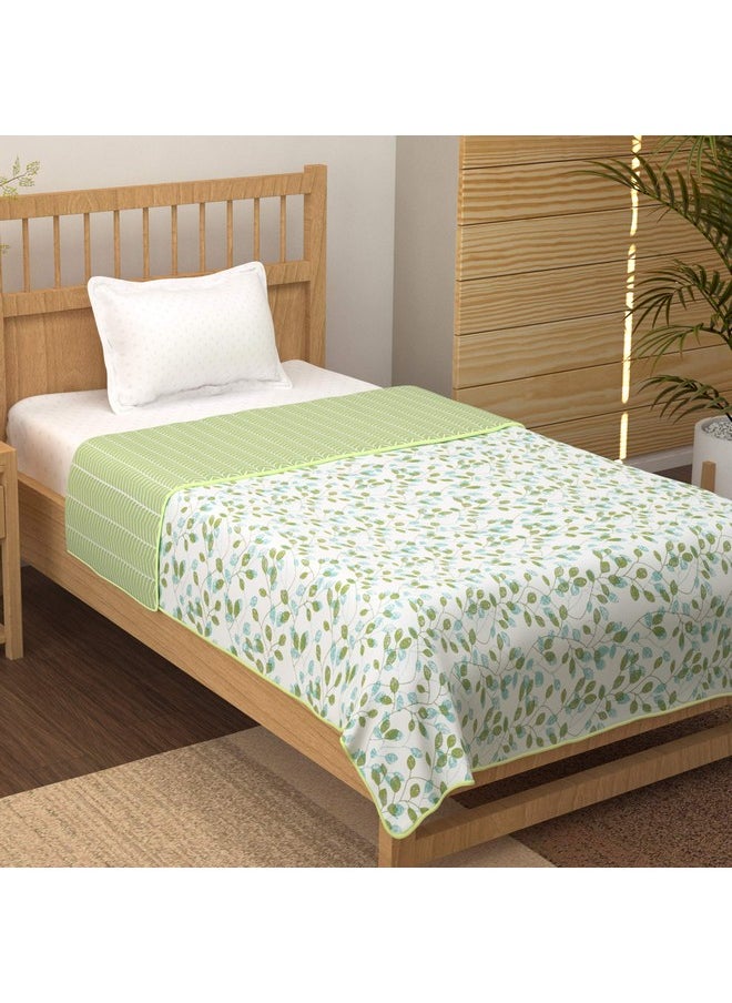 Story@Home Comforter Single Bed | 100% Cotton Blanket Single Bed | 150GSM | 144 X 220cm | AC Comforter Single Bed | White & Olive Green | Leaf Pattern | Quilt | Duvet | Dohar | Perfect Festive Gifting