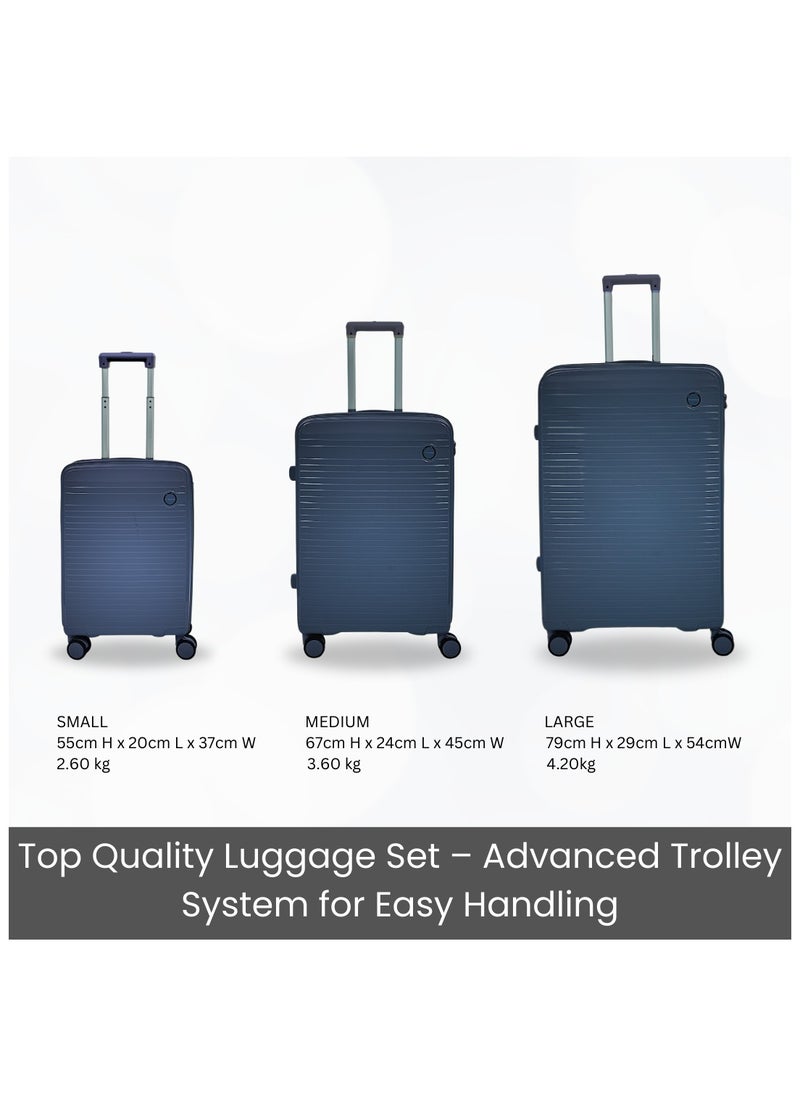 Giordano Pathfinder PP Hardcase Unbreakable Travel Luggage Set, Durable Lightweight 4 Double Wheels Smooth Rolling 3 Piece Suitcase, Secure Lock Travel Bag Navy.