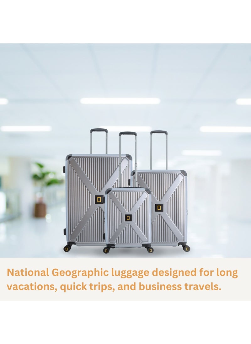 National Geographic Metallic PC Hardside Luggage Silver Trolley Set of 3, Lightweight Durable Anti-Theft Zipper TSA Lock Bags, 4 Double Spinner Wheels, Expandable Suitcase with Aluminum Telescopic Handle