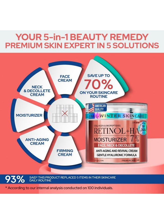 Retinol Collagen Face Cream - Premium Anti-Aging Neck Cream - Day & Night Anti Wrinkle Cream for Women and Men - Skin Firming and Tightening Face Moisturizer with Hyaluronic Acid for All Skin Types