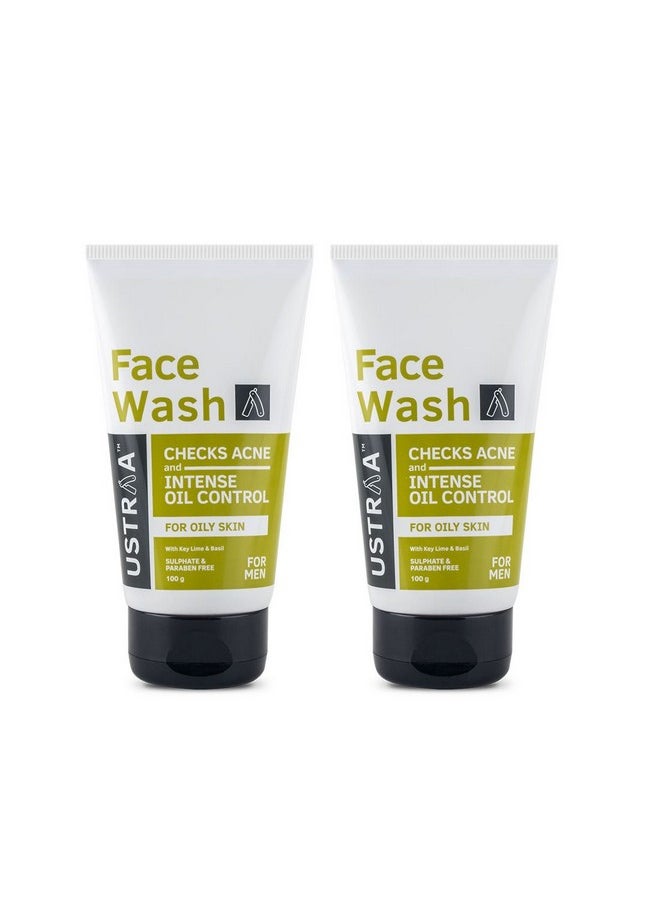 Ustraa Face Wash - Oily Skin - 2 x 100g (Pack of 2) - With Basil & Key Lime - For Acne-Prone Skin | No SLS | Checks Acne & Blackheads | Control Excess Oil, Removes Dirt and Helps Repair Skin
