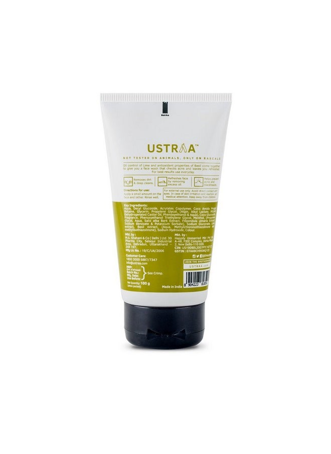 Ustraa Face Wash - Oily Skin - 2 x 100g (Pack of 2) - With Basil & Key Lime - For Acne-Prone Skin | No SLS | Checks Acne & Blackheads | Control Excess Oil, Removes Dirt and Helps Repair Skin