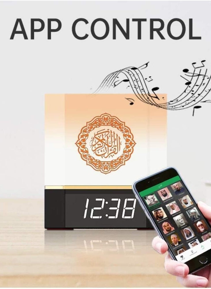 Quran Speaker with Lamp & Clock – 14 Language Translations, 18 Reciters, Azaan Settings & Mobile App Control, Perfect Islamic Gift for All Ages (Black)