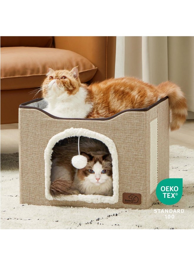 Bedsure Cat Beds for Indoor Cats - Large Cat Cave for Pet Cat House with Fluffy Ball Hanging and Scratch Pad, Foldable Cat Hideaway,16.5x16.5x13 inches, Brown