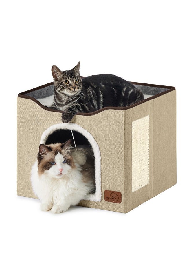 Bedsure Cat Beds for Indoor Cats - Large Cat Cave for Pet Cat House with Fluffy Ball Hanging and Scratch Pad, Foldable Cat Hideaway,16.5x16.5x13 inches, Brown