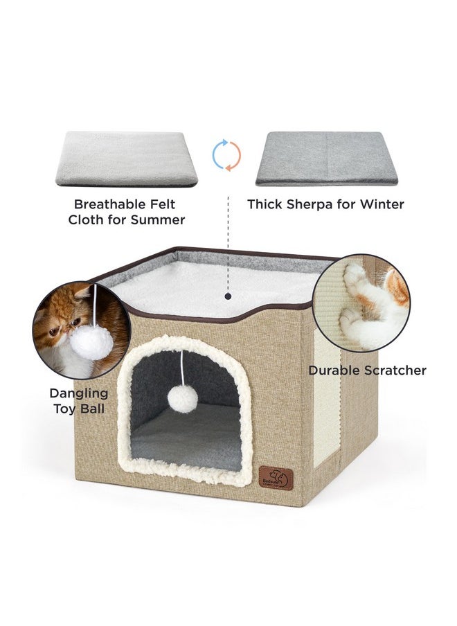 Bedsure Cat Beds for Indoor Cats - Large Cat Cave for Pet Cat House with Fluffy Ball Hanging and Scratch Pad, Foldable Cat Hideaway,16.5x16.5x13 inches, Brown