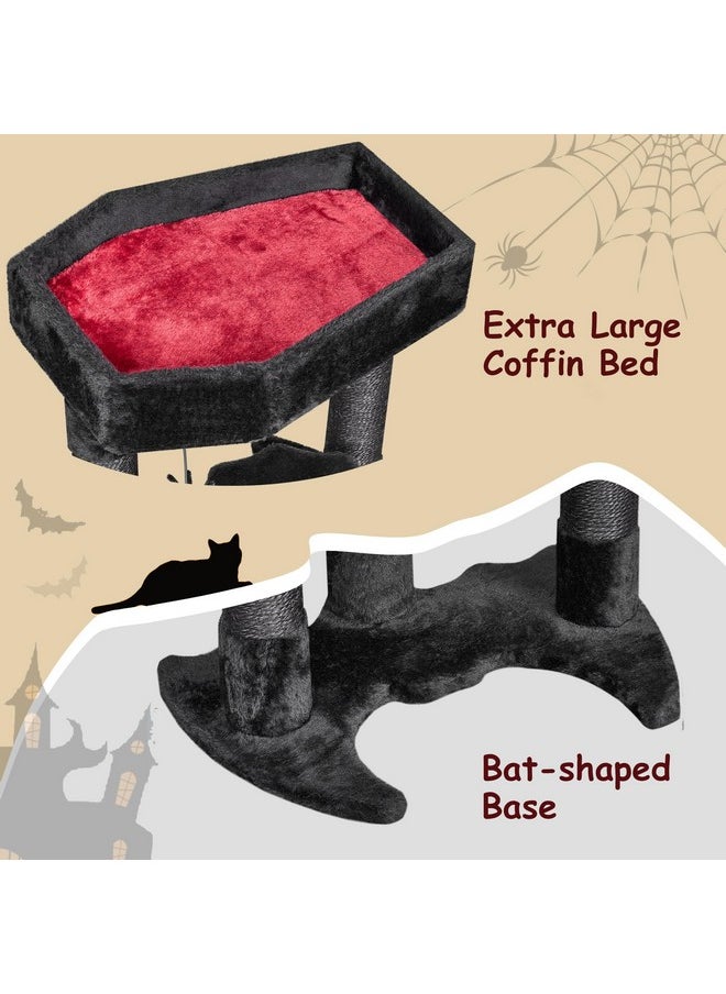 BEWISHOME Gothic Cat Tree with Coffin Bed, Goth Cat Tower for Indoor Cats with Sisal Scratching Posts, Spider Toy, Spooky Coffin Cat Tree for Black Cats Halloween, Black with Red, Small Size MMJ91R