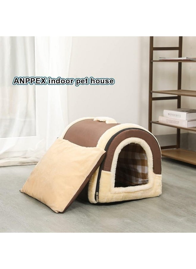 AMICA Igloo Dog House, Portable Cat Igloo Bed with Removable Cushion, 2 in 1 Washable Cozy Dog Igloo Bed Cat Cave, Foldable Non-Slip Warm for Pets Puppy Kitten Rabbit (L, Brown)