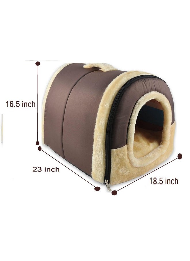 AMICA Igloo Dog House, Portable Cat Igloo Bed with Removable Cushion, 2 in 1 Washable Cozy Dog Igloo Bed Cat Cave, Foldable Non-Slip Warm for Pets Puppy Kitten Rabbit (L, Brown)