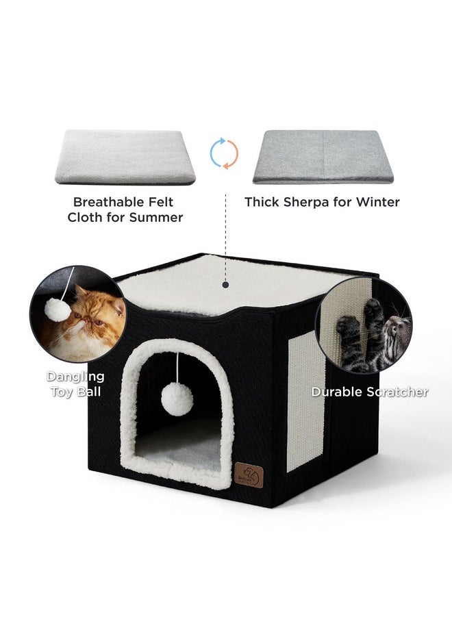 Bedsure Cat Beds for Indoor Cats - Large Cat Cave for Pet Cat House with Fluffy Ball Hanging and Scratch Pad, Foldable Cat Hideaway,16.5x16.5x13 inches, Black