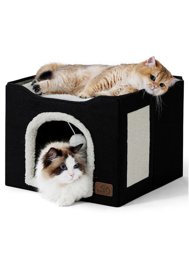 Bedsure Cat Beds for Indoor Cats - Large Cat Cave for Pet Cat House with Fluffy Ball Hanging and Scratch Pad, Foldable Cat Hideaway,16.5x16.5x13 inches, Black